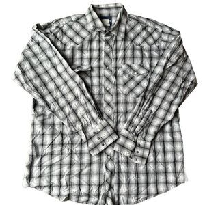 Vintage Wrangler Western Shirt Men’s Pearl Snap XL Black White Gray Plaid Rodeo